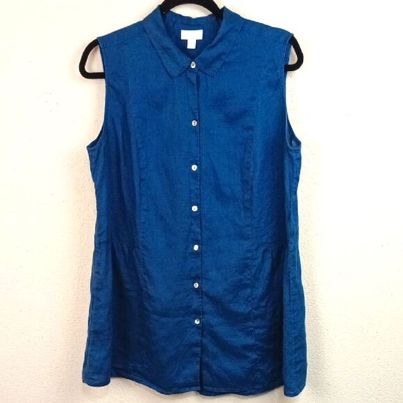 J. Jill Women 100% Linen Blue Sleeveless Button Down Tunic Top Sz 1X Resortwear - Picture 2 of 9